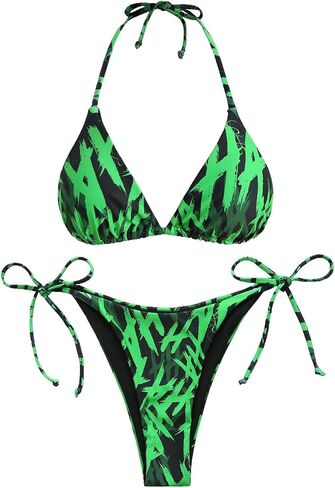 Gothic Letters Graffiti Printed Plunging Halter Backless String Bikini Set in Saudi Arabia
