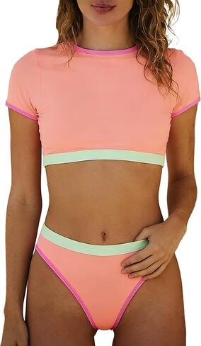 Womens High Waisted Bikini Sets Modest Two Peice Swimsuits Sporty Cheeky Color Block Bathing Suits in Saudi Arabia