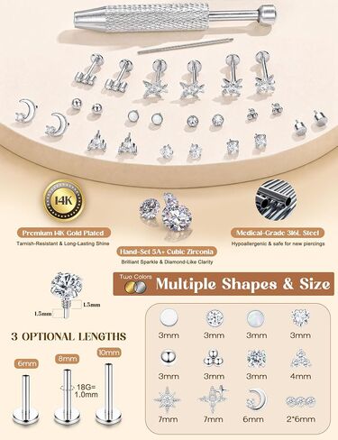 Drperfect 16G/18G Flat Back Stud Earrings for Women, Hypoallergenic Surgical Steel Gold Silver Plated Internal Thread Stud Piercing Jewelry for Tragus Helix Cartilage Conch Nose Lip Medusa Piercing in Saudi Arabia