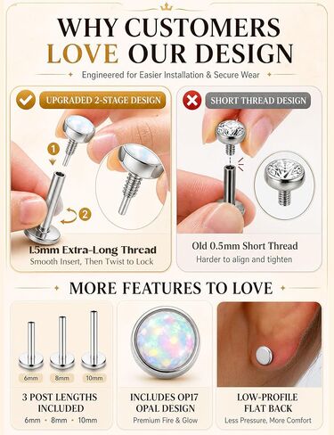 Drperfect 16G/18G Flat Back Stud Earrings for Women, Hypoallergenic Surgical Steel Gold Silver Plated Internal Thread Stud Piercing Jewelry for Tragus Helix Cartilage Conch Nose Lip Medusa Piercing in Saudi Arabia
