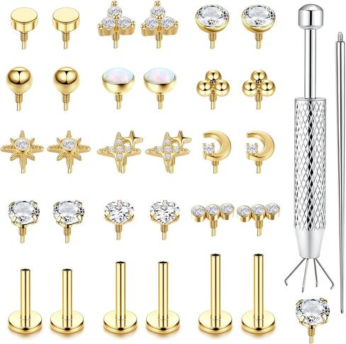 Drperfect 16G/18G Flat Back Stud Earrings for Women, Hypoallergenic Surgical Steel Gold Silver Plated Internal Thread Stud Piercing Jewelry for Tragus Helix Cartilage Conch Nose Lip Medusa Piercing in Saudi Arabia