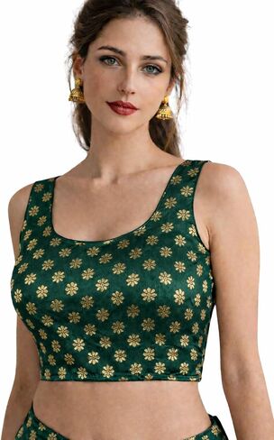 Women's Saree Blouse, Sleeveless, Golden Floral Print, Round Neck, Traditional Ethnic Wear in Kuwait