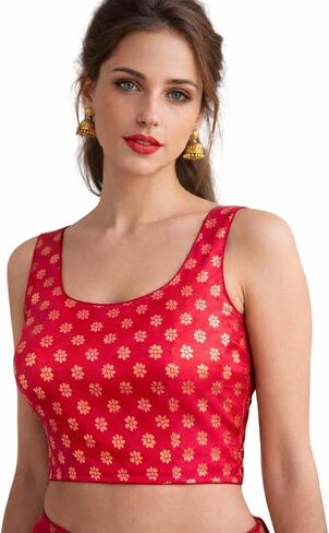 Women's Saree Blouse, Sleeveless, Golden Floral Print, Round Neck, Traditional Ethnic Wear in Kuwait