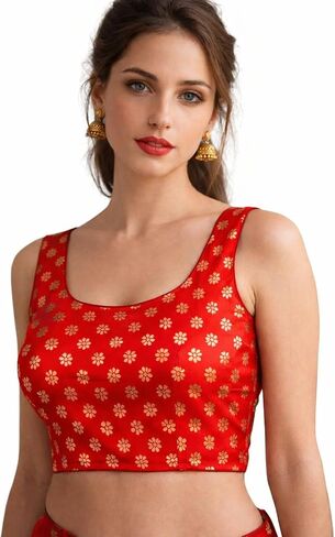 Women's Saree Blouse, Sleeveless, Golden Floral Print, Round Neck, Traditional Ethnic Wear in Kuwait