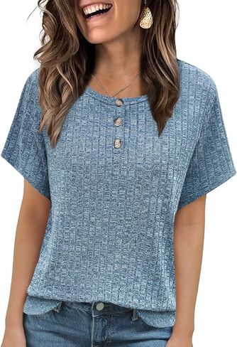 MixShe Womens Ribbed Knit Short Sleeve Tops Button Front Crew Neck Casual Lightweight Blouses in Saudi Arabia