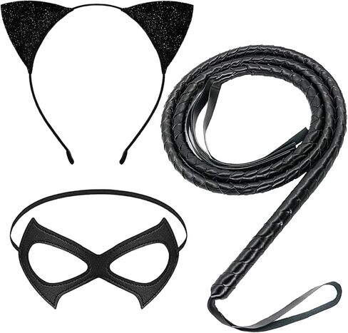 3PCS Halloween Cat Costume Accessories for Women, Glitter Cat Ears Headband PU Mask and Black Long Whip for Halloween Party Role Playing Accessories in Saudi Arabia