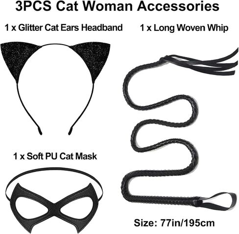 3PCS Halloween Cat Costume Accessories for Women, Glitter Cat Ears Headband PU Mask and Black Long Whip for Halloween Party Role Playing Accessories in Saudi Arabia