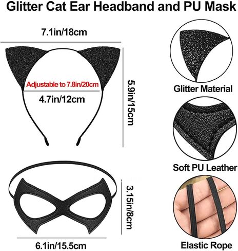 3PCS Halloween Cat Costume Accessories for Women, Glitter Cat Ears Headband PU Mask and Black Long Whip for Halloween Party Role Playing Accessories in Saudi Arabia