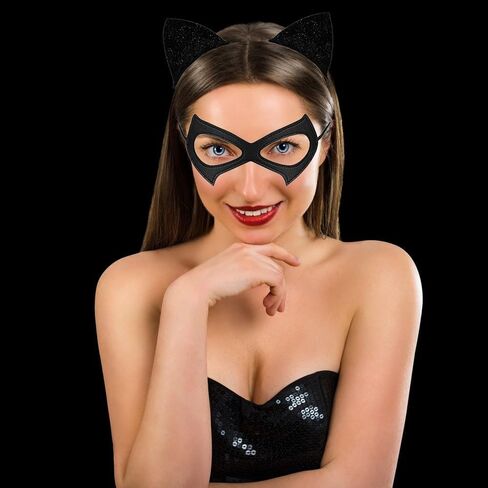 3PCS Halloween Cat Costume Accessories for Women, Glitter Cat Ears Headband PU Mask and Black Long Whip for Halloween Party Role Playing Accessories in Saudi Arabia