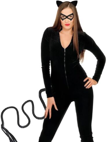 3PCS Halloween Cat Costume Accessories for Women, Glitter Cat Ears Headband PU Mask and Black Long Whip for Halloween Party Role Playing Accessories in Saudi Arabia