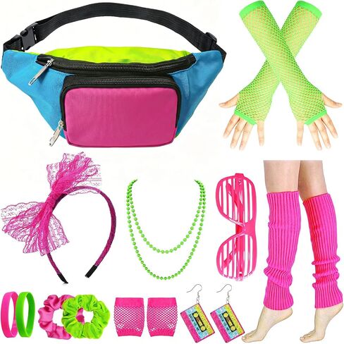 12 Pack 80s Costume Accessories Set with Neon Retro Fanny Pack Hairband Fishnet Gloves Earrings Leg Warmers Glasses Necklace Neon Hair Bracelet for Party Halloween in Kuwait