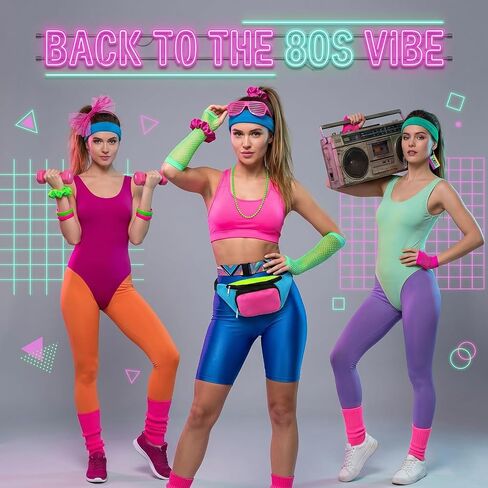 12 Pack 80s Costume Accessories Set with Neon Retro Fanny Pack Hairband Fishnet Gloves Earrings Leg Warmers Glasses Necklace Neon Hair Bracelet for Party Halloween in Kuwait