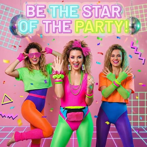 12 Pack 80s Costume Accessories Set with Neon Retro Fanny Pack Hairband Fishnet Gloves Earrings Leg Warmers Glasses Necklace Neon Hair Bracelet for Party Halloween in Kuwait