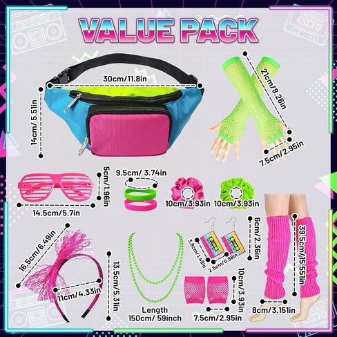 12 Pack 80s Costume Accessories Set with Neon Retro Fanny Pack Hairband Fishnet Gloves Earrings Leg Warmers Glasses Necklace Neon Hair Bracelet for Party Halloween in Kuwait