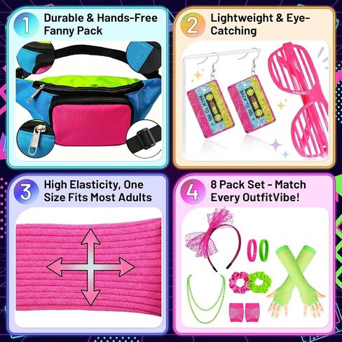 12 Pack 80s Costume Accessories Set with Neon Retro Fanny Pack Hairband Fishnet Gloves Earrings Leg Warmers Glasses Necklace Neon Hair Bracelet for Party Halloween in Kuwait