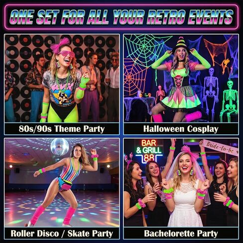 12 Pack 80s Costume Accessories Set with Neon Retro Fanny Pack Hairband Fishnet Gloves Earrings Leg Warmers Glasses Necklace Neon Hair Bracelet for Party Halloween in Kuwait