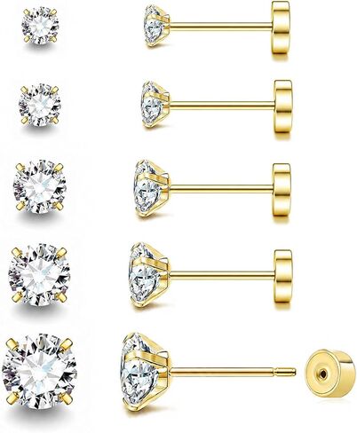 8mm Long Post Threadless Flat Back Earrings for Thick Earlobe, Push In CZ Stud Earrings Set for Women Men, Stainless Steel Cartilage Earrings for Helix Tragus Upper Lobe Piercings, 3mm 4mm 5mm 6mm 8mm, Gold & Silver in Saudi Arabia