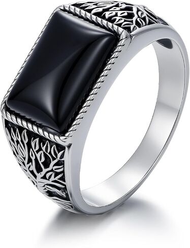 Tree of Life Ring for Men 925 Sterling Silver Natural Black Obsidian Signet Ring Oxidized Vintage Spiritual Jewelry Gift for Dad Husband Size 9-13 in Kuwait