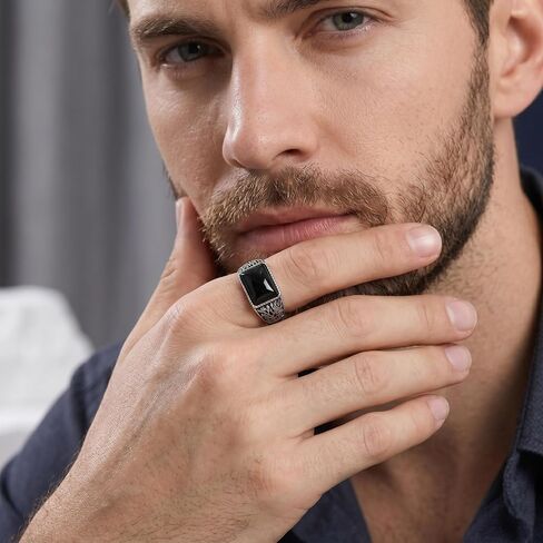Tree of Life Ring for Men 925 Sterling Silver Natural Black Obsidian Signet Ring Oxidized Vintage Spiritual Jewelry Gift for Dad Husband Size 9-13 in Kuwait