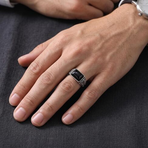 Tree of Life Ring for Men 925 Sterling Silver Natural Black Obsidian Signet Ring Oxidized Vintage Spiritual Jewelry Gift for Dad Husband Size 9-13 in Kuwait