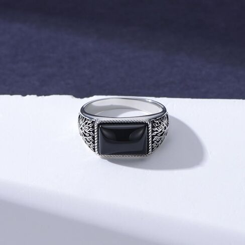 Tree of Life Ring for Men 925 Sterling Silver Natural Black Obsidian Signet Ring Oxidized Vintage Spiritual Jewelry Gift for Dad Husband Size 9-13 in Kuwait