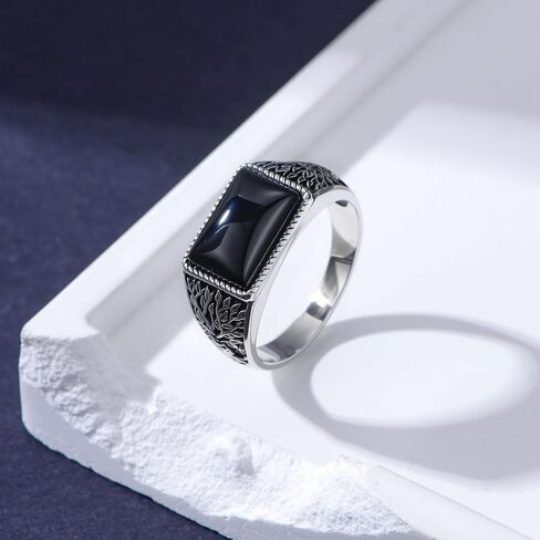 Tree of Life Ring for Men 925 Sterling Silver Natural Black Obsidian Signet Ring Oxidized Vintage Spiritual Jewelry Gift for Dad Husband Size 9-13 in Kuwait