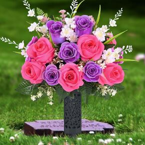 MARTINE MALL 2 Sets Artificial Cemetery Flowers for Grave, Realistic Grave Flowers for Cemetery UV Resistant Memorial Day Flowers Silk Rose Flower with Vase for Cemetery Decorations (Colorful) in Saudi Arabia