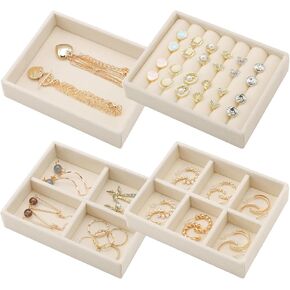 Ewen 4 Pack Mini Stackable Jewelry Display and Storage Trays in 4 Different Layouts, 4.72x3.74x0.98in Velvet Cases for Drawers Inserts, Storage and Organization Tray of Earring Necklace Rings, Beige in Saudi Arabia