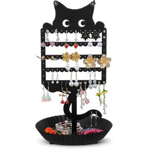 Cat Earring Holder Organizer Stand, Black Metal Jewelry Display Rack with Multiple Holes Hooks for Studs, Hoops, Necklaces, Bracelets, Rings, Cute Cat-Shaped Vanity Earring Tree for Girls in Saudi Arabia