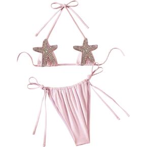 Milumia Women's 2 Piece Bikini Set Rhinestone Starfish Halter Triangle Tie Side Thong Bathing Suits in Kuwait