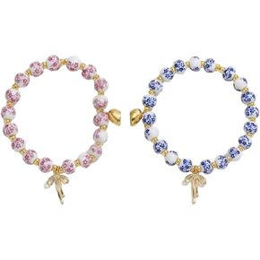 Matching Bow Bracelets for Friends, Blue and Pink Porcelain Design, Friendship Bracelet Set for Two, Elegant Couple Accessories in Saudi Arabia