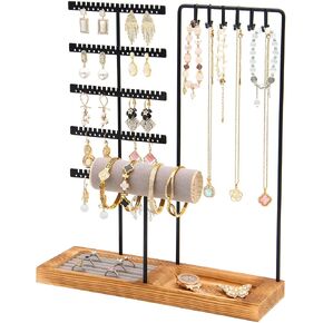 Jewelry Stand Organizer with Tray, Wooden Base Necklace Rack Tower, Jewelry Display for Rings, Earrings, Bracelets – for Bedroom, Bathroom or Boutique-Black in Saudi Arabia