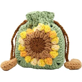 MC Fashion Hand-Knit Crochet Sunflower Drawstring Coin Purse (Green) | Boho floral style, premium soft yarn, drawstring closure, holds coins keys lipsticks, ideal gift for women and girls in Saudi Arabia