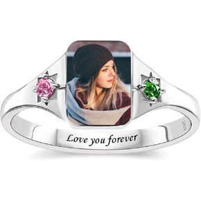 S925 Sterling Silver Custom Photo Ring Mother's Day Jewelry Gift Personalized Memorial Picture Rings with Birthstone Promise Relationship Ring for Women Mom Friend Yourself in Saudi Arabia