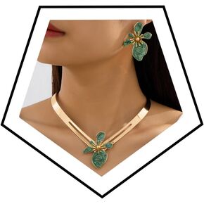 Boho Green Flower Jewelry Set for Women 14K Gold Plated Floral Earring Necklace Set Enamel Statement Choker Necklace Earrings Set Wedding Party Summer Beach Vacation Fashion Jewelry Accessary in Saudi Arabia