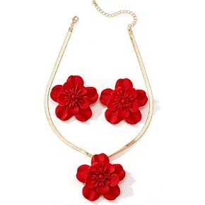 1 Set Vintage Flower Necklace and Earring,Gold Tone Flat Snake Chain,Bohemian Red Flowers Choker Necklaces,Hypoallergenic Statement Flower Stud Earrings,Summer Beach Statement Necklace(Red) in Saudi Arabia