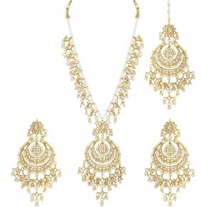 Aheli Artificial Kundan Pearls Studded White Necklace with Earrings Set Elegant Ethnic Fashion Bharatanatyam jewellery set for Women in Saudi Arabia