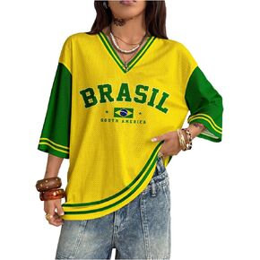 OYOANGLE Women's Y2K Jersey Shirts Brasil T Shirts Color Block Half Sleeve V Neck Oversized Tshirts in Kuwait