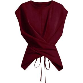 WDIRARA Women's Plus Size Wrap Cinched Waist T Shirts Tie Back Cap Sleeve Tops in Saudi Arabia