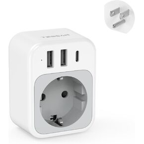 TESSAN EU to US Plug Adapter, European Travel Adaptor with 1 AC Outlet and 3 USB Ports(1 USB C), Most of Europe Germany France Korea Greece Type C/E/F Plugs to US Power Adapter in Saudi Arabia