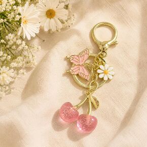 Sweet Cherry Daisy Butterfly Keychain for Women Bag Charm Gold Plated Alloy Key Ring, Cute Spring Themed Accessory for Women in Kuwait