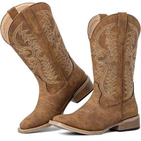 Extra Wide Calf Cowboy Boots for Women – Square Toe Western Boots with Side Hidden Elastic for Big Calves, Lightweight & Removable Cushion, No More Struggle Fit in Saudi Arabia
