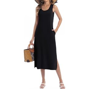 Midi Dresses for Women Summer Casual Tshirt Sleeveless Scoop Neck Tank Dress Side Split Vacation Beach Sundress with Pockets in Saudi Arabia