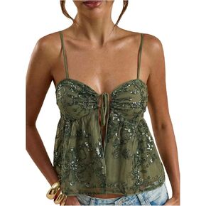 MakeMeChic Women's Sequin Cami Top Ruffle Sparkly Tie Front Split Party Club Tops in Saudi Arabia