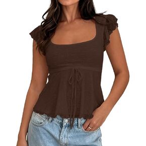 Women Boho Floral Mesh Layered Ruffle Peplum Crop Tank Tops Y2k Tie Front Cap Sleeve Lettuce Babydoll Cami Shirts in Kuwait