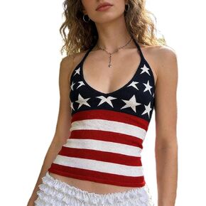 Women American Flag Knitted Tank Top Sleeveless Halter V Neck Slim Fit Cropped Vest 4th of July Patriotic Camisole in Saudi Arabia