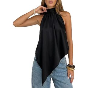 Women's Satin Halter Top Backless Sleeveless Cami High Neck Silk Tank Top Asymmetrical Hem Night Out Outfits Tee in Saudi Arabia