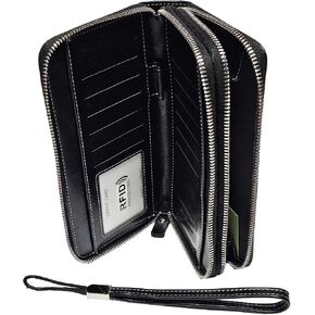 PU Vegan Leather RFID Long Wallet for Women, Zip Around Closure & Wristlet Hand Strap, Large Capacity Card Slots Coin Pocket & Pen Holder (Black) in Saudi Arabia
