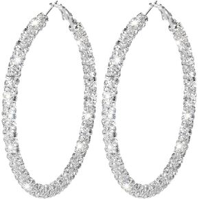 Rhinestone Hoop Earrings Large Silver Sparkly Earring for Women 73mm/2.87in Big Hoop Earrings Bling Statement Earring Non Tarnish Silver Hoops for Prom Wedding Party Jewelry in Saudi Arabia