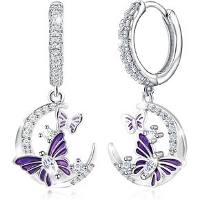 CZ Moon and Butterfly Earrings for Women S925 Sterling Silver Enamel Purple Butterfly Animal Dangle Hoop Earrings Moon Jewelry Birthday Anniversary Valentines Gifts for Wife Girlfriend Mom in Saudi Arabia